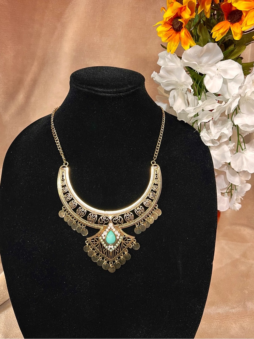 Vintage Gold Filigree Medieval Goddess Fantasy Necklace with Teal Stones